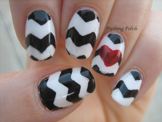 Black & white chevron heart nail art Black & white chevron heart nail art