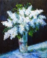 original oil painting on canvas White lilac on a blue tablecloth