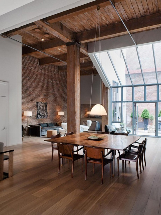Industrial and loft interiors with bare brick walls 