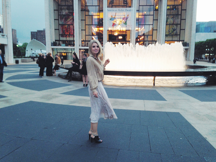 Silk vintage top, Ann Taylor flowy flutter print skirt, Whistles peep toe heels, Lincoln Center