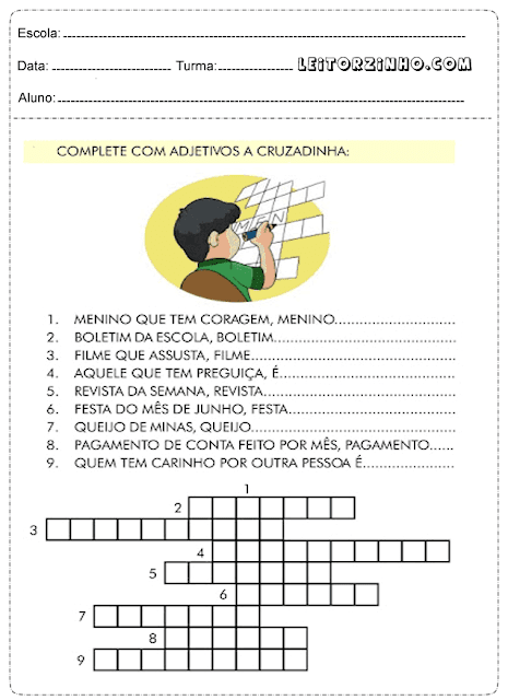Complete com adjetivos a cruzadinha