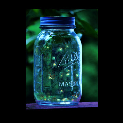 a glass jar with lid with lots of fire flies inside lighting up