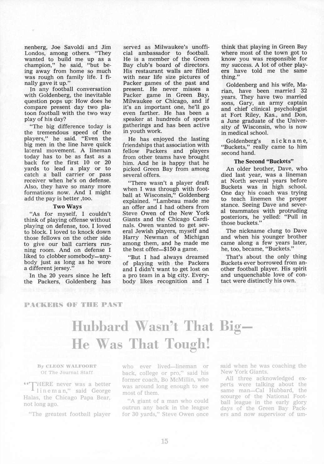 PACKERVILLE, U.S.A. From the Past — “Buckets” Goldenberg