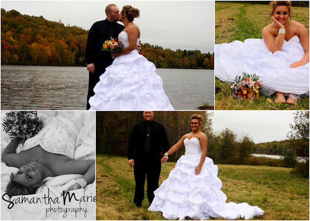 bride and groom in fall