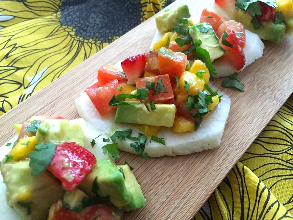 Raw jicama chips n’ salsa Kimchi and Beans