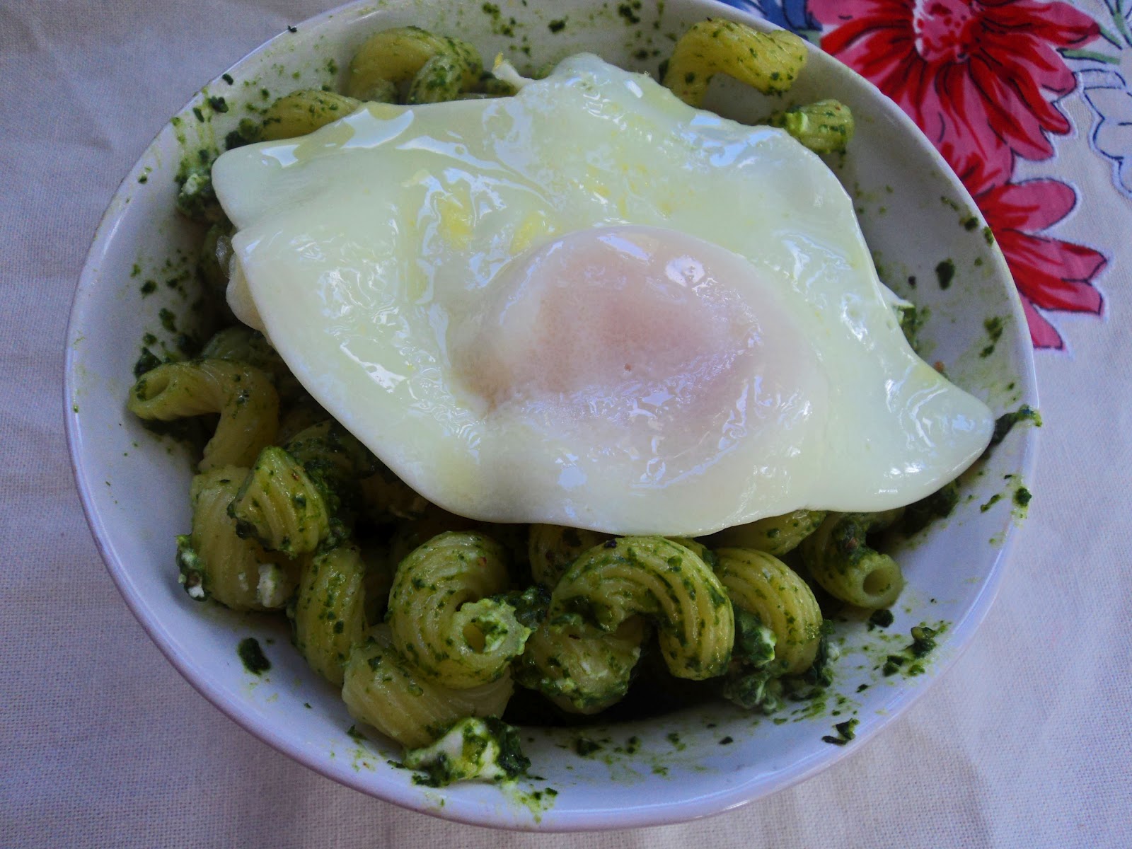 Sweet & Salty Southern Comfort Pesto Pasta with Fried Egg & Goat Cheese