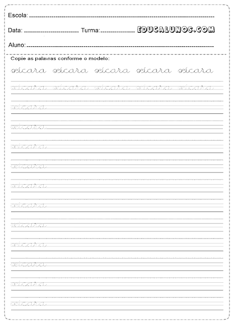 Atividades de caligrafia com a letra X de xícara