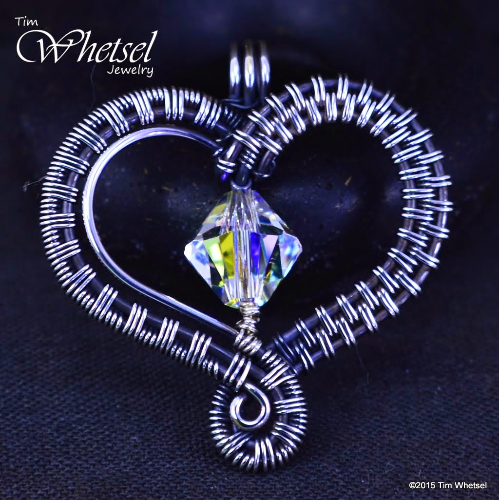 Handmade Sterling Silver Wire Wrapped Valentines Day Heart with Swarovski Crystal Bicone Bead - ©2015 Tim Whetsel Jewelry