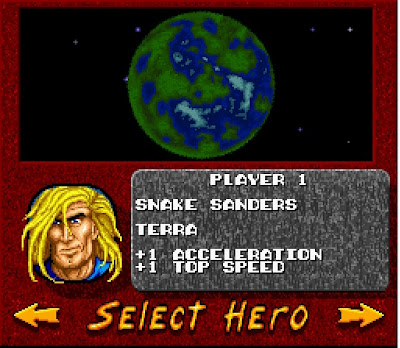 Hero selection screen in Rock n' Roll Racing