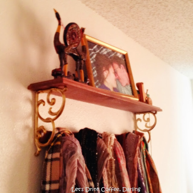 Shelf with Scarf Hangers - Decorating from Yard Sale Finds @ Let's Drink Coffee, Darling
