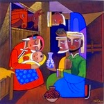 The Magi by He Qi Colorful image of Mary holding Jesus in the stable with the 3 wise men, a donkey and a horse