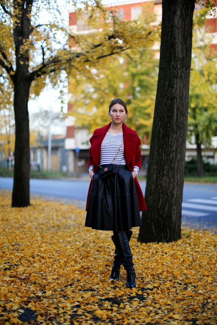 angelica ardasheva striped shirt, red coat, leather skirt