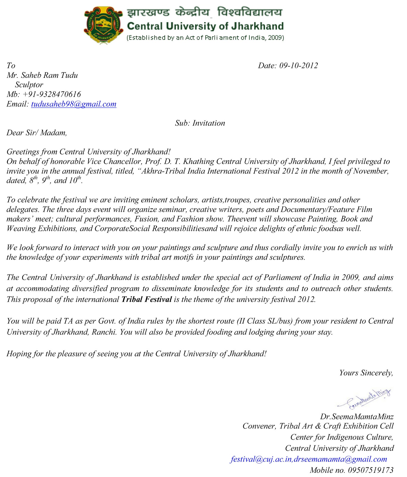 Saheb Ram Tudu Invitation Letter From Central University Of Jharkhand