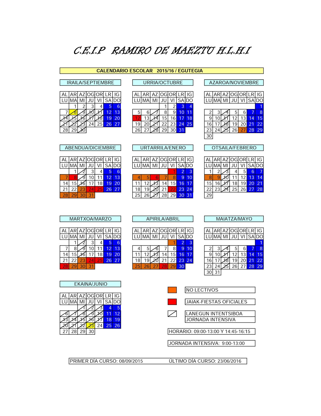 Egutegia / Calendario escolar