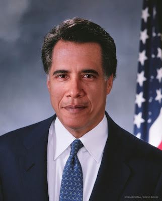 Photo composite of Mitt Romneys hair, forehead and ears with Barack Obama's face, skin tone adjusted to Obama's