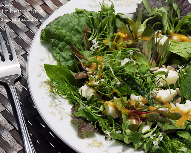 The Intentional Minimalist Garlic Mustard Salad with Wild Leek & Pea Shoot Hummus Dressing