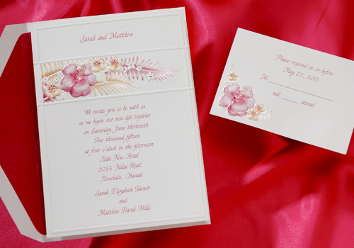 The embossed Hot Pink Hibiscus Invitation couples the season's hottest 