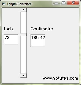 Screenshot of length Converter program Use of vertical scroll bar in vb