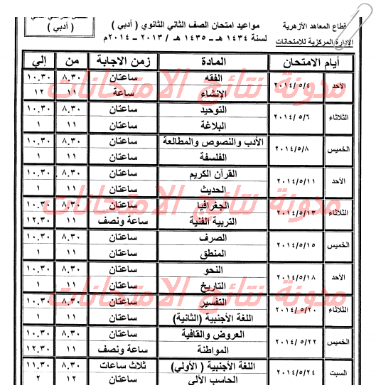 جدول امتحانات الثانويه الازهريه جدول امتحانات الثانويه الازهريه