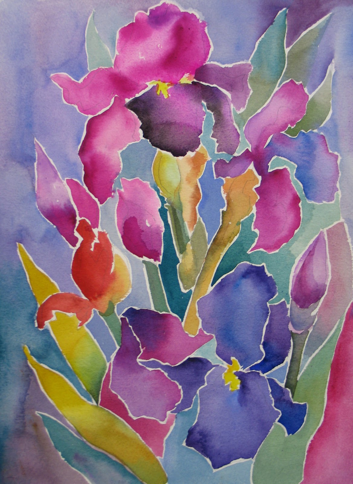 Nel's Everyday Painting: Watercolor Play- Stained Glass Irises - SOLD