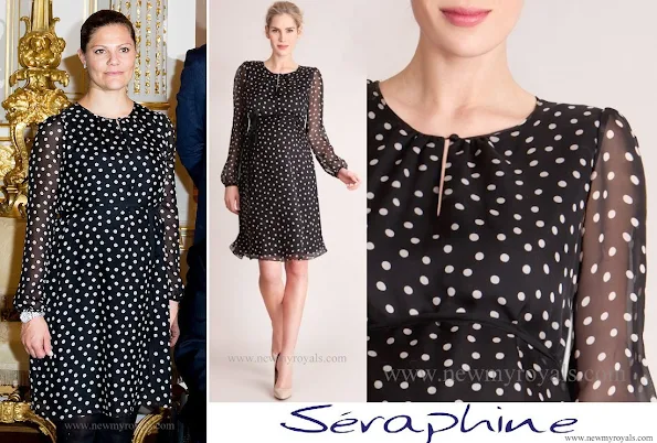 Seraphine Black & White Polka Dot Silk Maternity Dress. The dress retails for £139.00 on the "Seraphine" website.