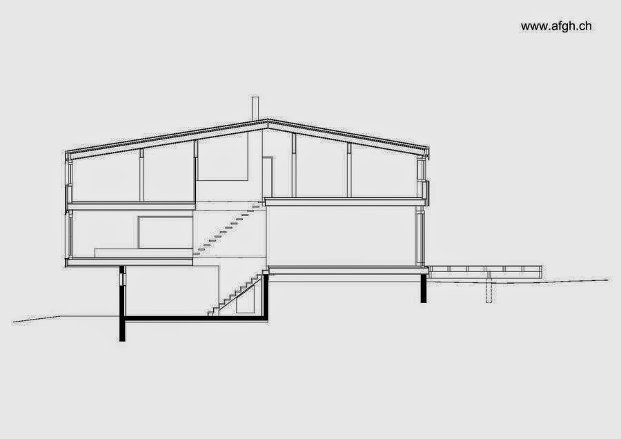 Se observan los tres niveles y el inferior de concreto Plano arquitectónico de un corte longitudinal del chalet