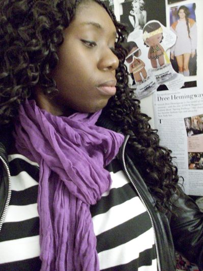 Stripe dress, leather jacket, purple scarf, braids, protective hairstyles, booties, black girls, fashion, rings, stylists