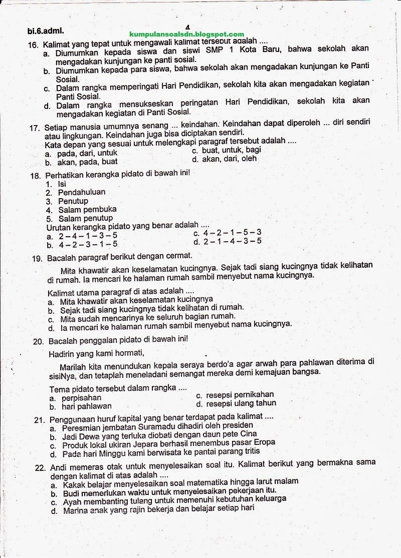 Soal Bahasa Indonesia Kelas 6 UKK SD Semester 2 TA 2013/2014 ~ Kumpulan
