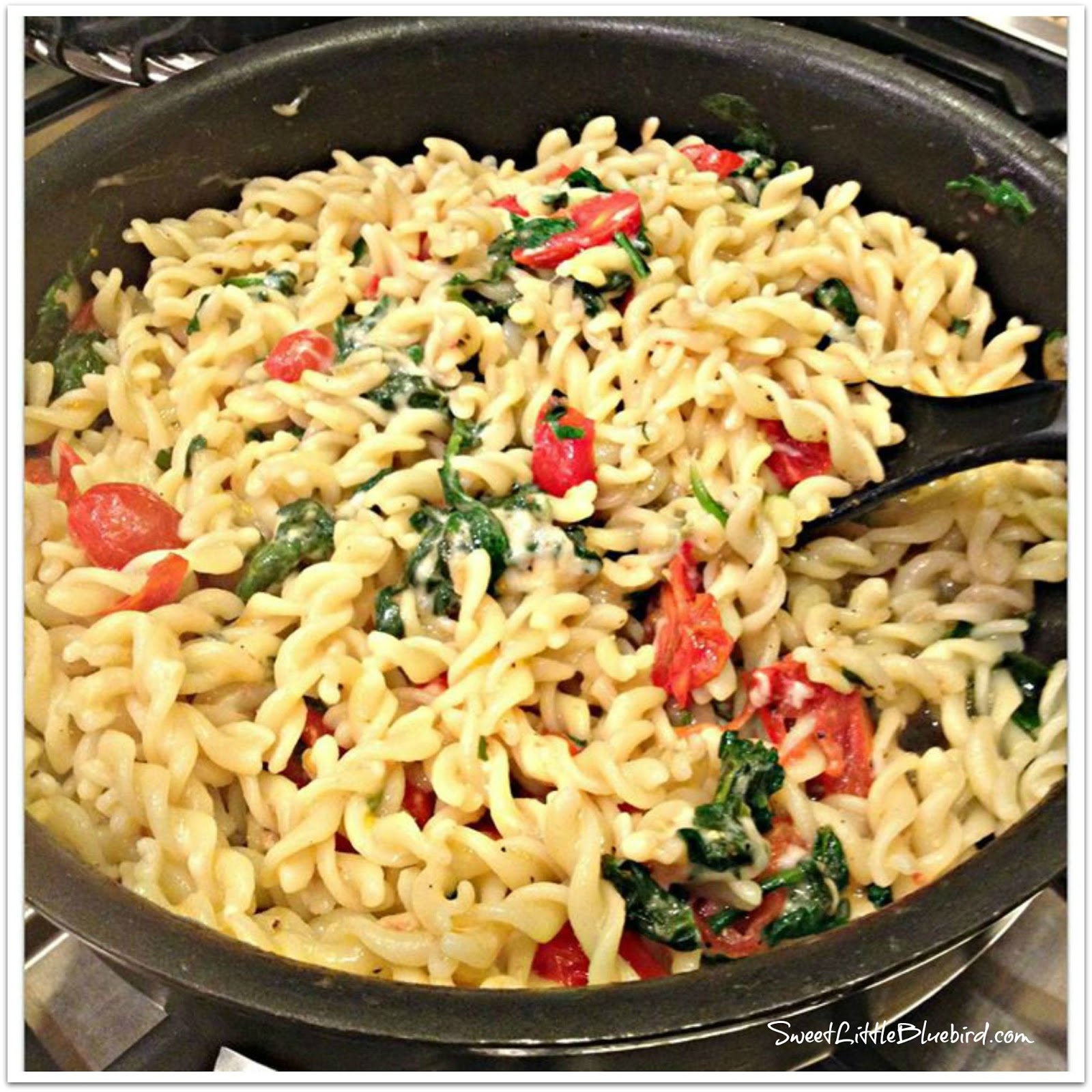 Pasta with Spinach, Tomatoes, Asiago and Parmesan Cheese Sweet Little