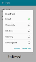 Samsung Galaxy Grand Prime is the latest smartphone revealed by Samsung Mobile have the KitKat Android Operating System in it with dual selfie camera. Here we tell you that how to change your Samsung Galaxy Grand Prime Font size and style. For this purpose, first of all touch Apps Icon from your Home Screen and Touch on Settings. This will lead you to Display settings. Here you will find the Font Style as shown in the picture and now you can choose the Default fonts for your Samsung Galaxy Grand Prime with the fonts you like such as Choco Cooky, Cool Jazz, Rosemary or Samsung Sans. If you want to install extra fonts which are not in your device, then you have to purchase the additional fonts for your device from Samsung Galaxy Apps. Now if you want to change your Font style of Galaxy device, touch the font style and select from between Tiny or Huge. The applications which have no support to Huge fonts will show the default size of the fonts Samsung Galaxy Grand Prime is the latest smartphone revealed by Samsung Mobile have the KitKat Android Operating System in it with dual selfie camera. Here we tell you that how to change your Samsung Galaxy Grand Prime Font size and style. For this purpose, first of all touch Apps Icon from your Home Screen and Touch on Settings. This will lead you to Display settings. Here you will find the Font Style as shown in the picture and now you can choose the Default fonts for your Samsung Galaxy Grand Prime with the fonts you like such as Choco Cooky, Cool Jazz, Rosemary or Samsung Sans. If you want to install extra fonts which are not in your device, then you have to purchase the additional fonts for your device from Samsung Galaxy Apps. Now if you want to change your Font style of Galaxy device, touch the font style and select from between Tiny or Huge. The applications which have no support to Huge fonts will show the default size of the fonts