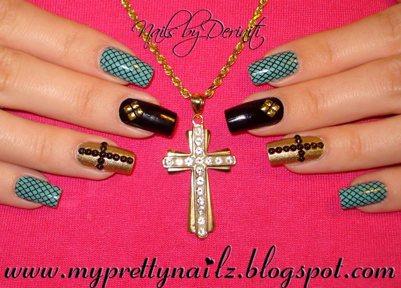 My Pretty Nailz Edgy Elegant Glitzy Studded Christian Easter Nails with Black Rhinestone Cross