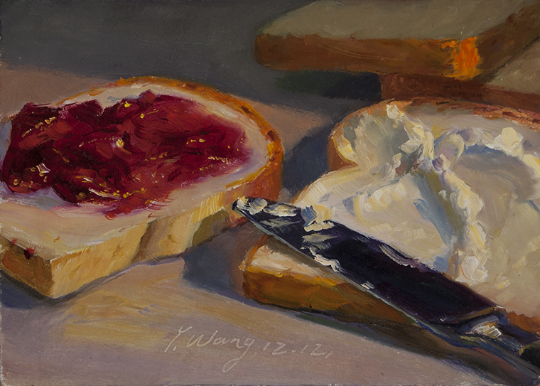 Wang Fine Art bread with cherry preserve and butter, a painting a day