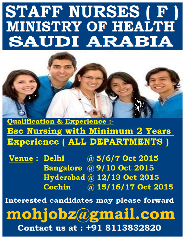 Nurses to Saudi Arabia Interview at Delhi/Bangalore/Hyderabad/Cochin