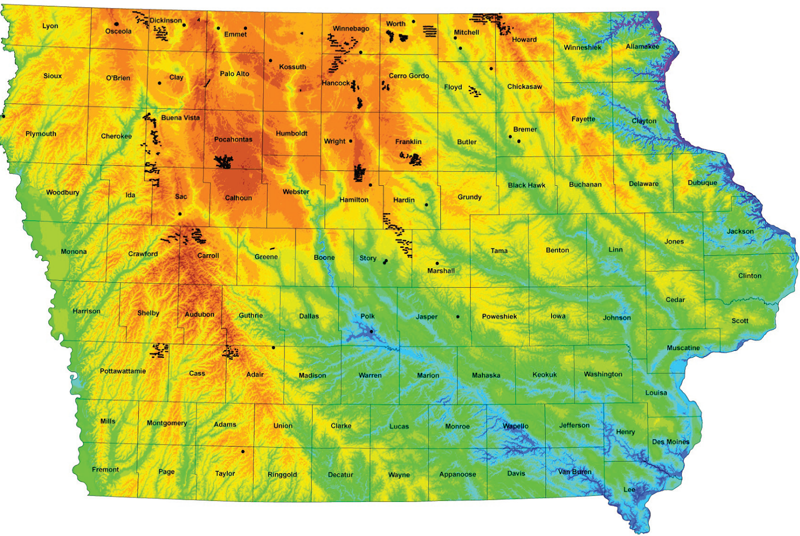 orange faster wind speeds blue slower wind speeds block dots are wind turbines http www iawind org images iowa wind locations pdf picture orange faster wind speeds blue slower wind speeds block dots are wind turbines http www iawind org images iowa wind locations pdf picture