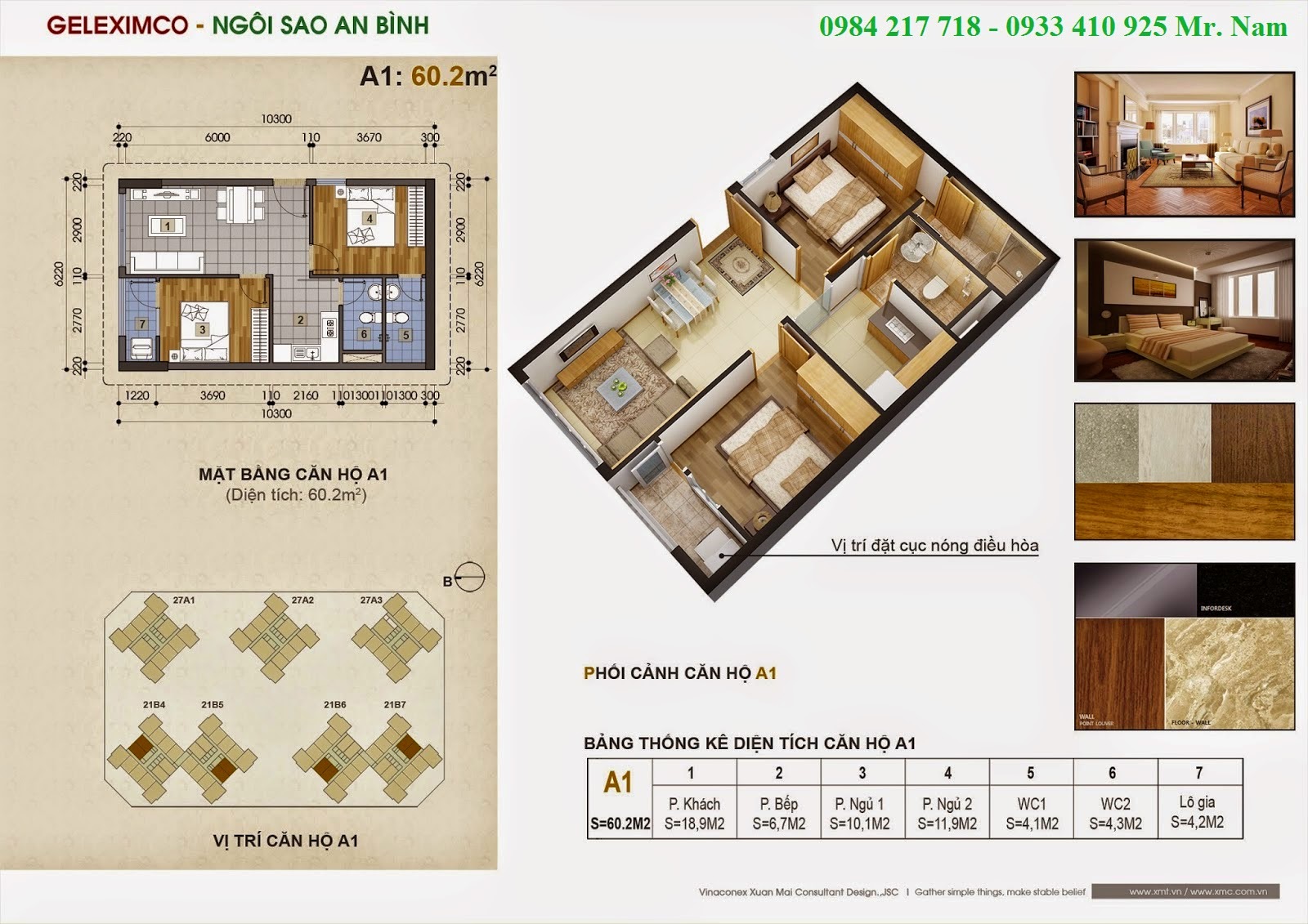 Chi tiết mặt bằng thiết kế căn hộ A1 - 60.2 m2 chung cư Green Stars