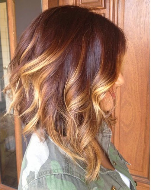 Long brunette a-line bob with balayage highlights and loose curls Long brunette a-line bob with balayage highlights and loose curls