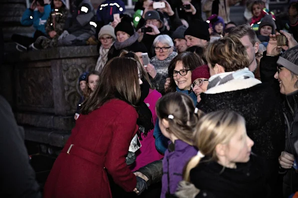 Crown Princess Mary of Denmark leads the lighting of Christmas tree in the 100th year of the tree lighting ceremony at Copenhagen City Hall Square (Rådhuspladsen) in Copenhagen
