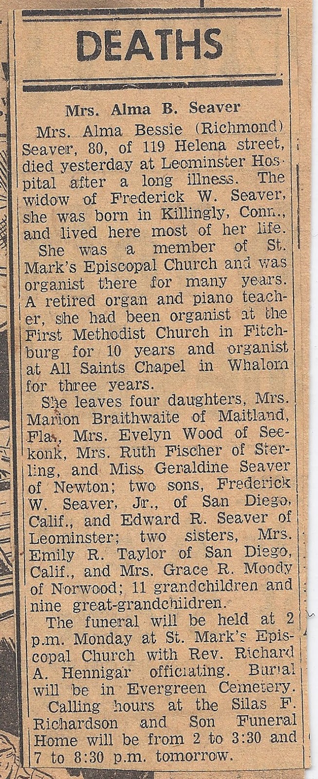 GeneaMusings Treasure Chest Thursday Post 189 Obituary for Alma