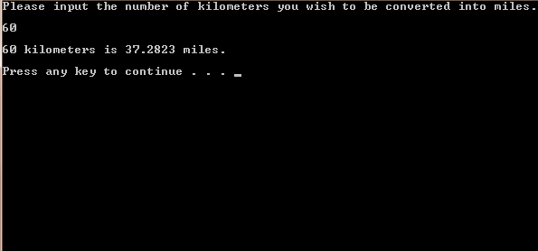 Screen Shot of the output of C / C++ Code / Program To Convert Kilometer Distance Into Miles