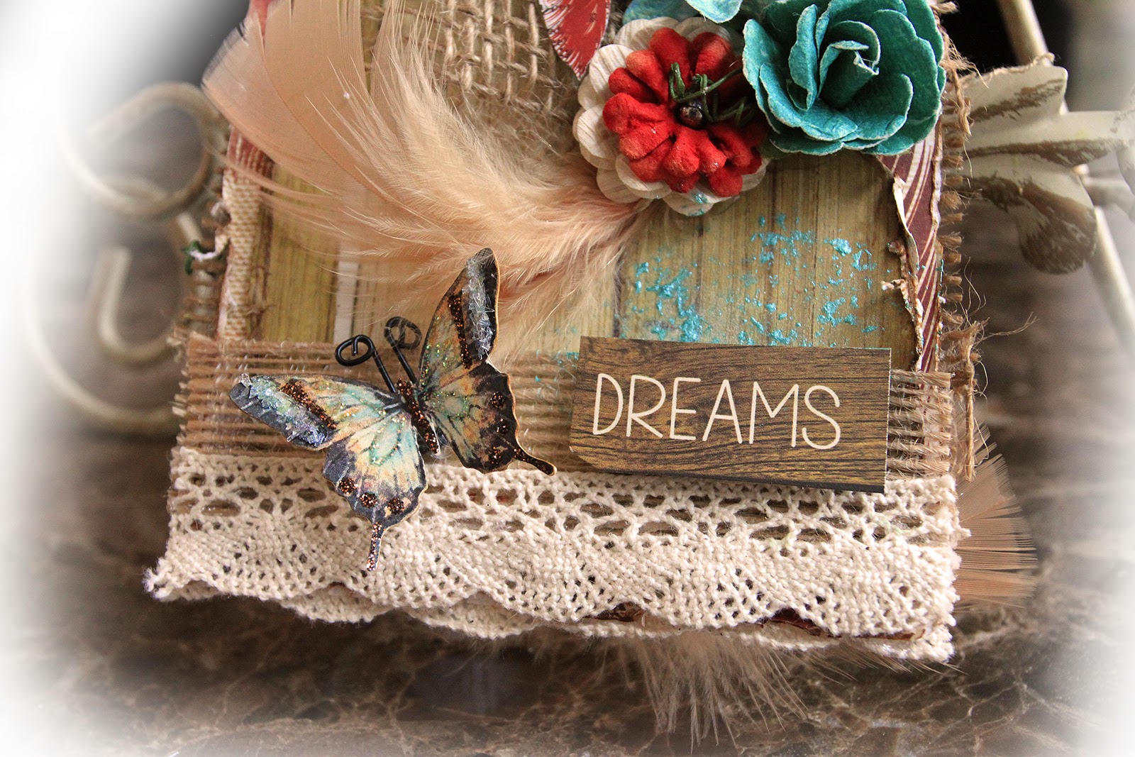 Scraps of Darkness scrapbook kits - Renea Harrison created this beautiful dreamcatcher oversized tag with the January "Karen's Valentine" kit. www.scrapsofdarkness.com
