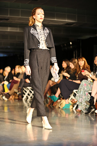 ecofashion week value village thrift chic show, posing in vintage, thrift chic winter looks, vintage cropped jacket, silver outfit