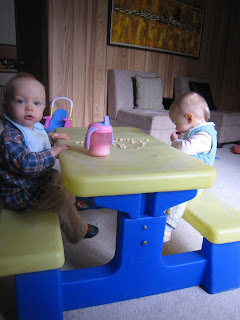Max and Artemis sitting on their new picnic table