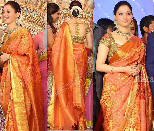 ... saree in orange color with gold zari all over the saree, paired up