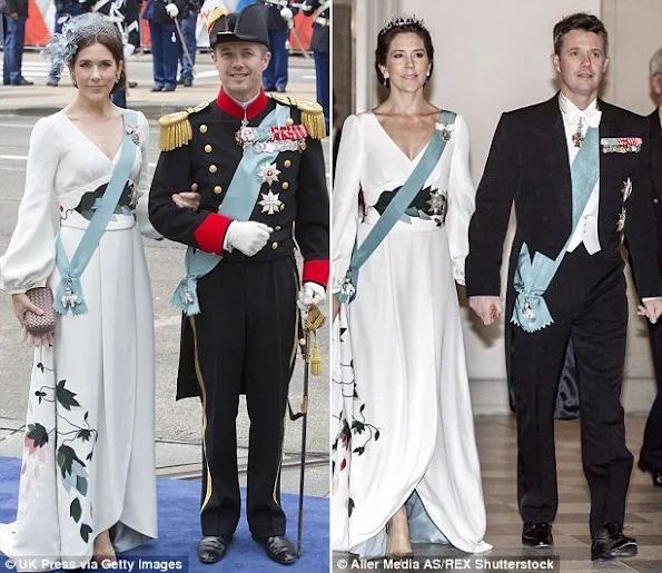 Stylish: Mary wore this long-sleeves white gown in April 2013 (left) and just under a year later in March 2014 (right)