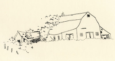 ink drawing of a barn and outbuilding that are falling down