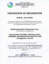 DENR-EMB 2016 Certificate of Recognition as Training Institution