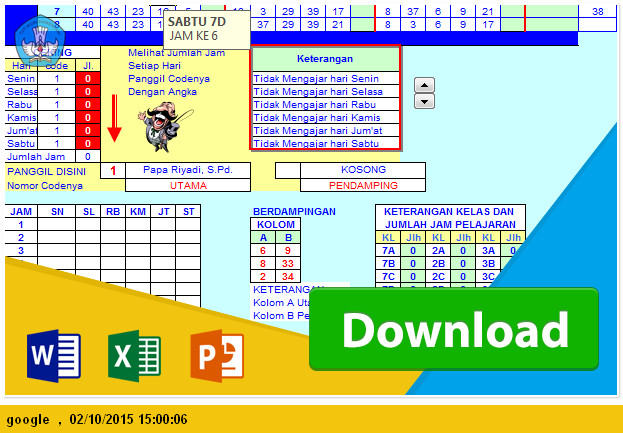 Download Aplikasi Jadwal pelajaran SMP Microsoft Excel Gratis TP 2015