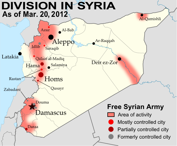 Map of Syria, showing control by the rebel Free Syrian Army as of March 20, 2012