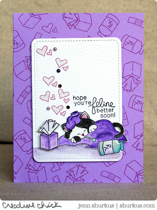Get Well Kitty card by Jenn Shurkus | Newton's Sick Day Stamp set by Newton's Nook Designs