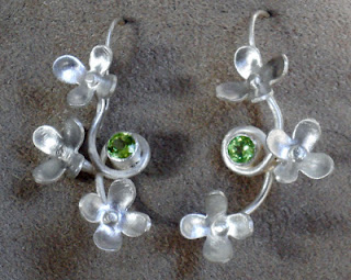 3 tiny hydrangea flower earrings with 4mm peridot.